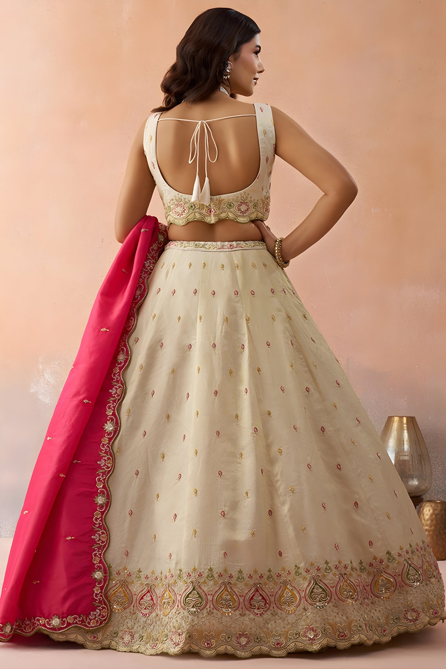Beautiful Cream Cosmos Silk Embroidered Lehenga Choli with Pink Dupatta
