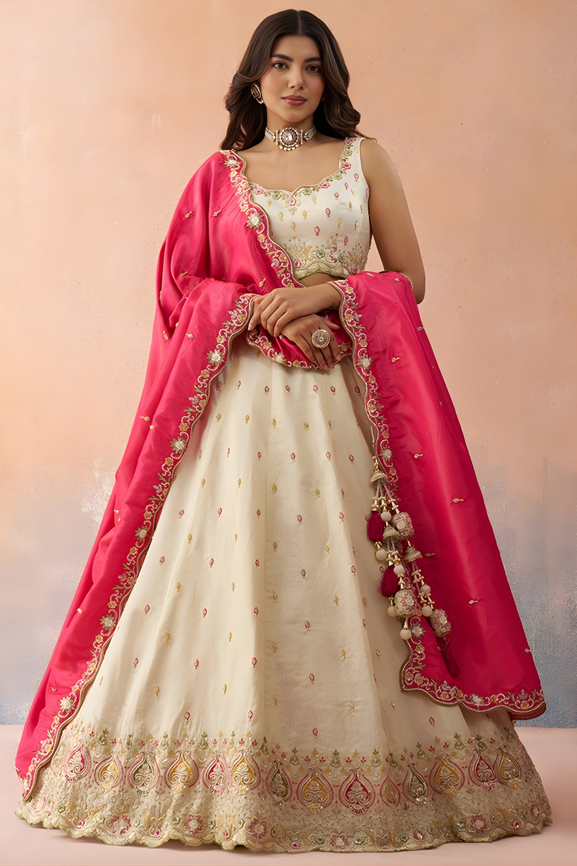 Beautiful Cream Cosmos Silk Embroidered Lehenga Choli with Pink Dupatta