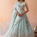 Graceful Sky Blue Tissue Embroidered Wedding Lehenga Choli with Dupatta