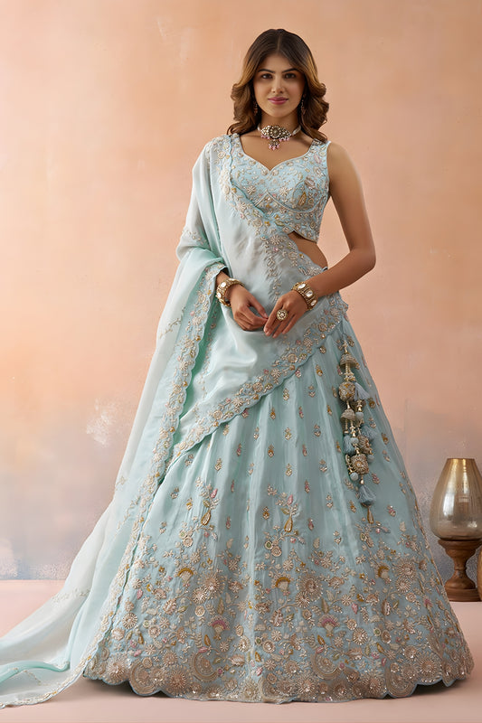 Graceful Sky Blue Tissue Embroidered Wedding Lehenga Choli with Dupatta