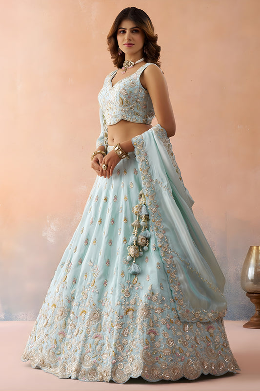 Graceful Sky Blue Tissue Embroidered Wedding Lehenga Choli with Dupatta