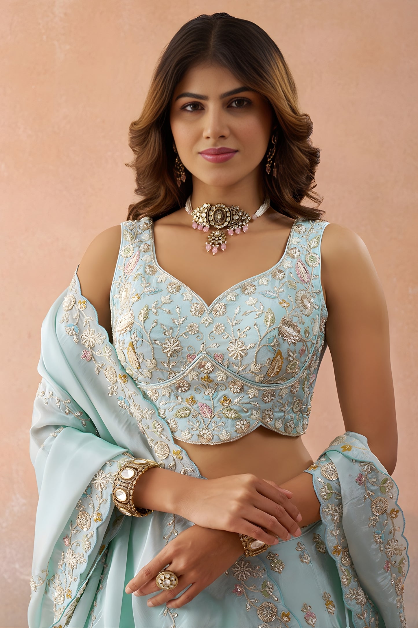Graceful Sky Blue Tissue Embroidered Wedding Lehenga Choli with Dupatta