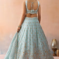 Graceful Sky Blue Tissue Embroidered Wedding Lehenga Choli with Dupatta