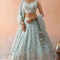 Graceful Sky Blue Tissue Embroidered Wedding Lehenga Choli with Dupatta