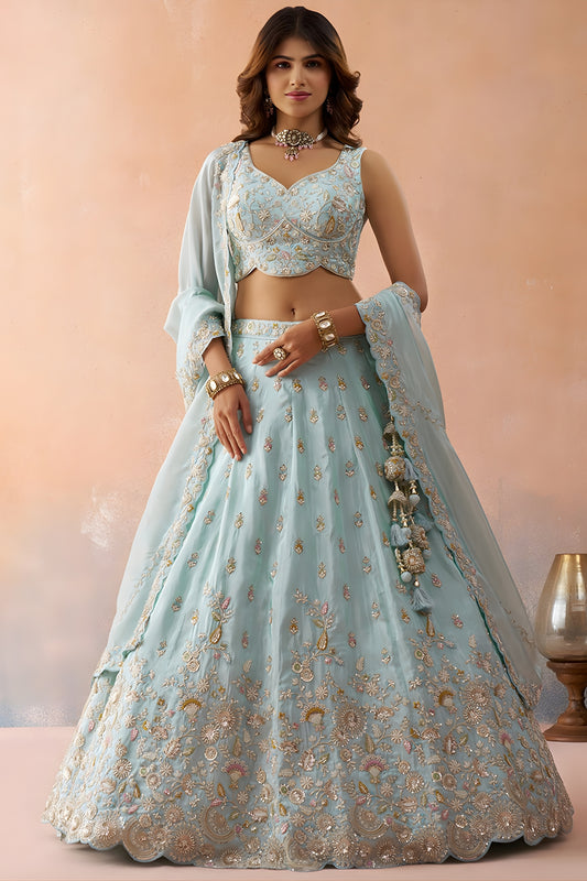 Graceful Sky Blue Tissue Embroidered Wedding Lehenga Choli with Dupatta