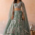 Pretty Green Tissue Embroidered Wedding Lehenga Choli with Dupatta