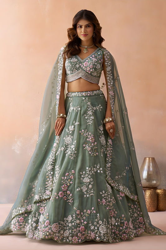 Pretty Green Tissue Embroidered Wedding Lehenga Choli with Dupatta