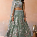 Pretty Green Tissue Embroidered Wedding Lehenga Choli with Dupatta