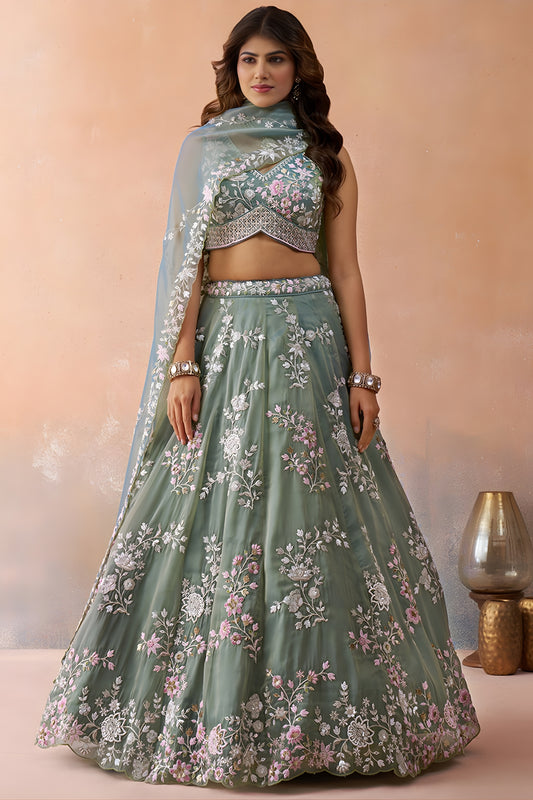 Pretty Green Tissue Embroidered Wedding Lehenga Choli with Dupatta