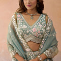 Pretty Green Tissue Embroidered Wedding Lehenga Choli with Dupatta