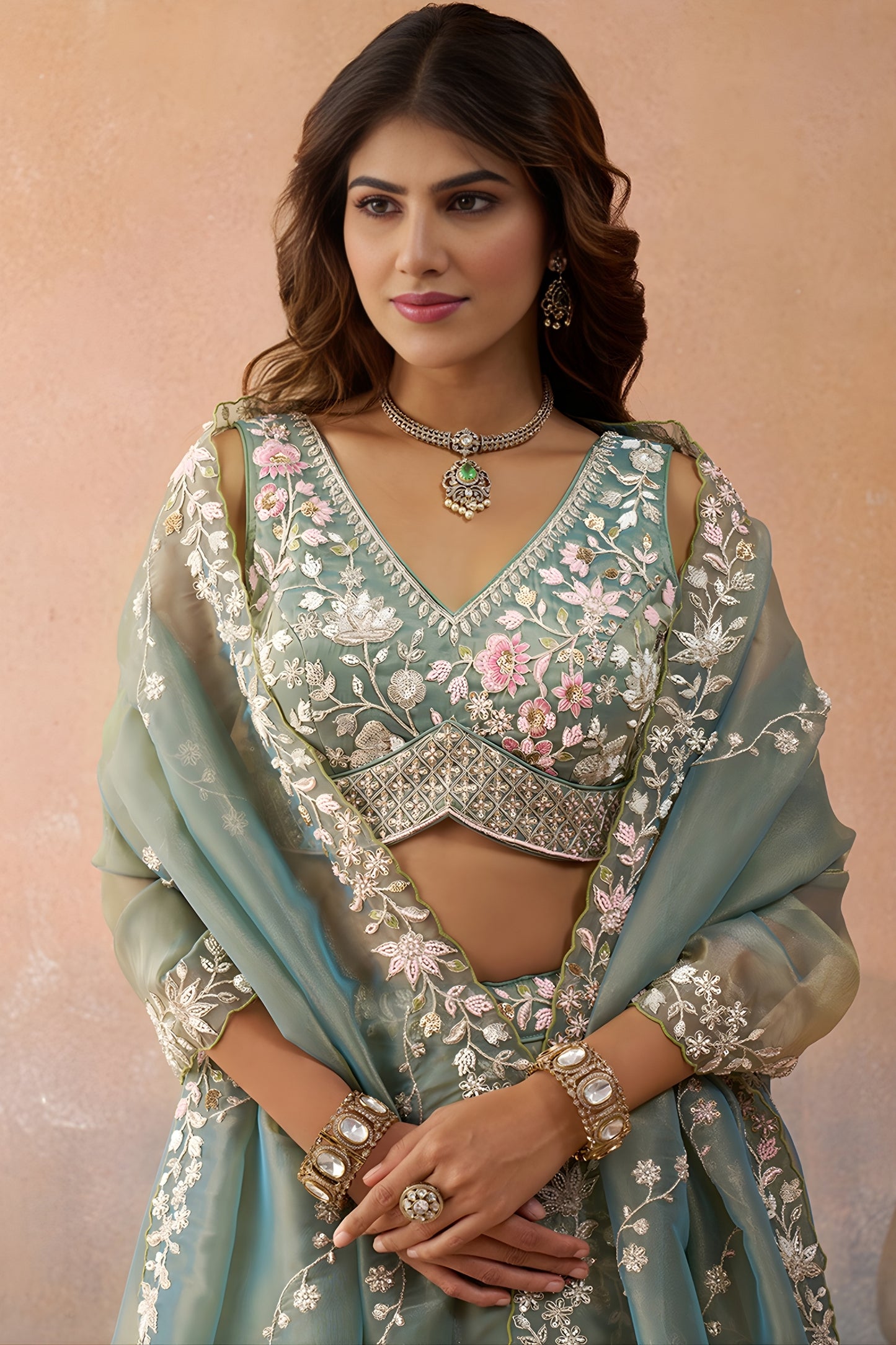Pretty Green Tissue Embroidered Wedding Lehenga Choli with Dupatta