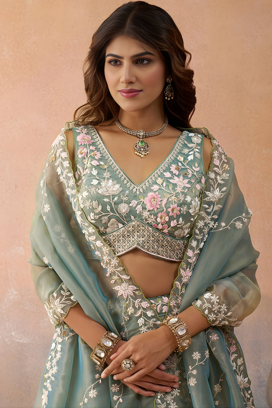 Pretty Green Tissue Embroidered Wedding Lehenga Choli with Dupatta