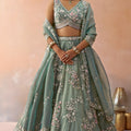 Pretty Green Tissue Embroidered Wedding Lehenga Choli with Dupatta