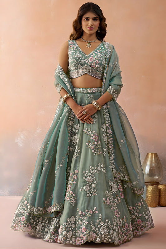 Pretty Green Tissue Embroidered Wedding Lehenga Choli with Dupatta