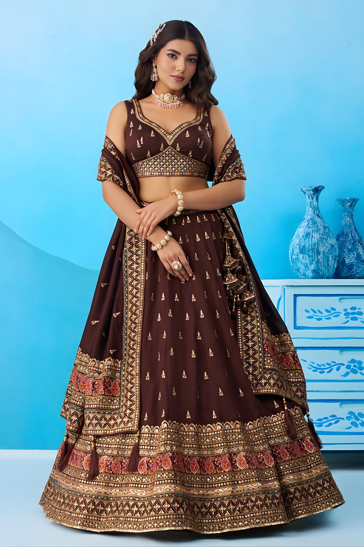 Adorable Chocolate Brown Chinon Embroidered Lehenga Choli with Dupatta