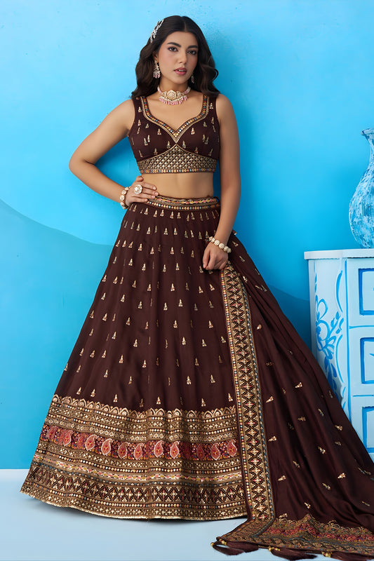 Adorable Chocolate Brown Chinon Embroidered Lehenga Choli with Dupatta