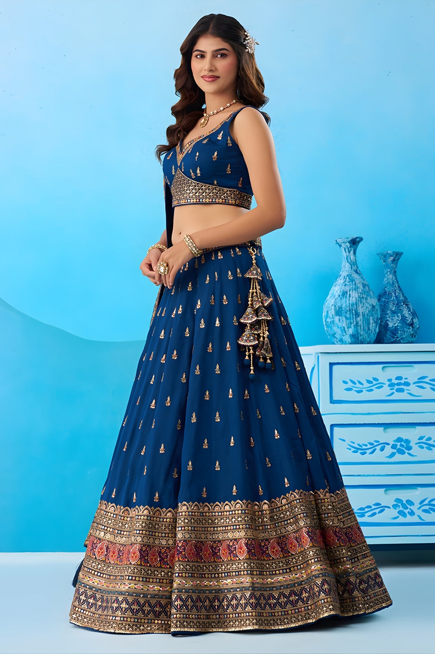 Wonderful Navy Blue Chinon Embroidered Lehenga Choli with Dupatta