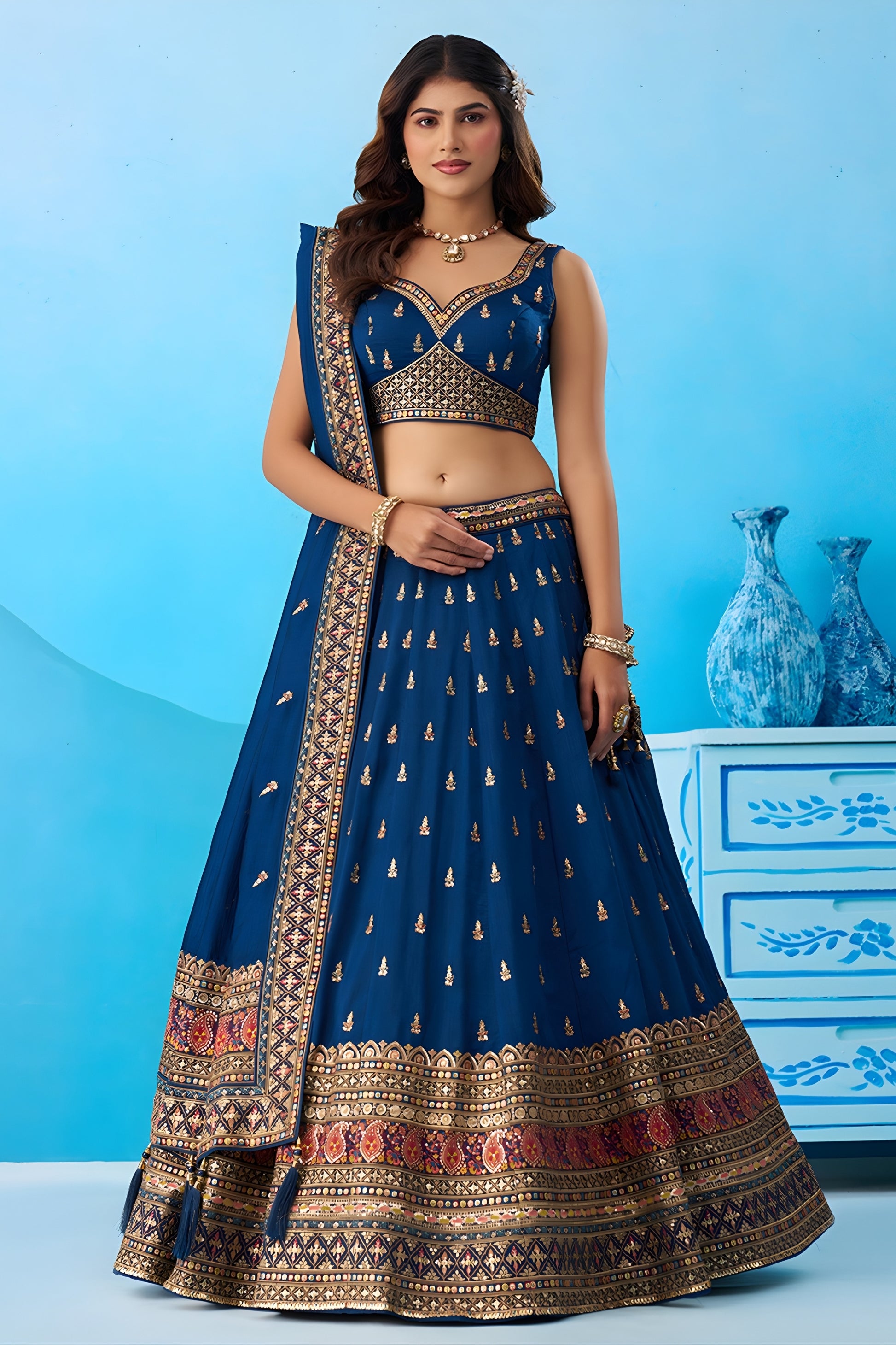Wonderful Navy Blue Chinon Embroidered Lehenga Choli with Dupatta