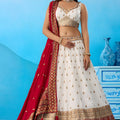 Stylish White Chinon Embroidered Wedding Lehenga Choli with Red Dupatta