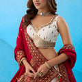 Stylish White Chinon Embroidered Wedding Lehenga Choli with Red Dupatta