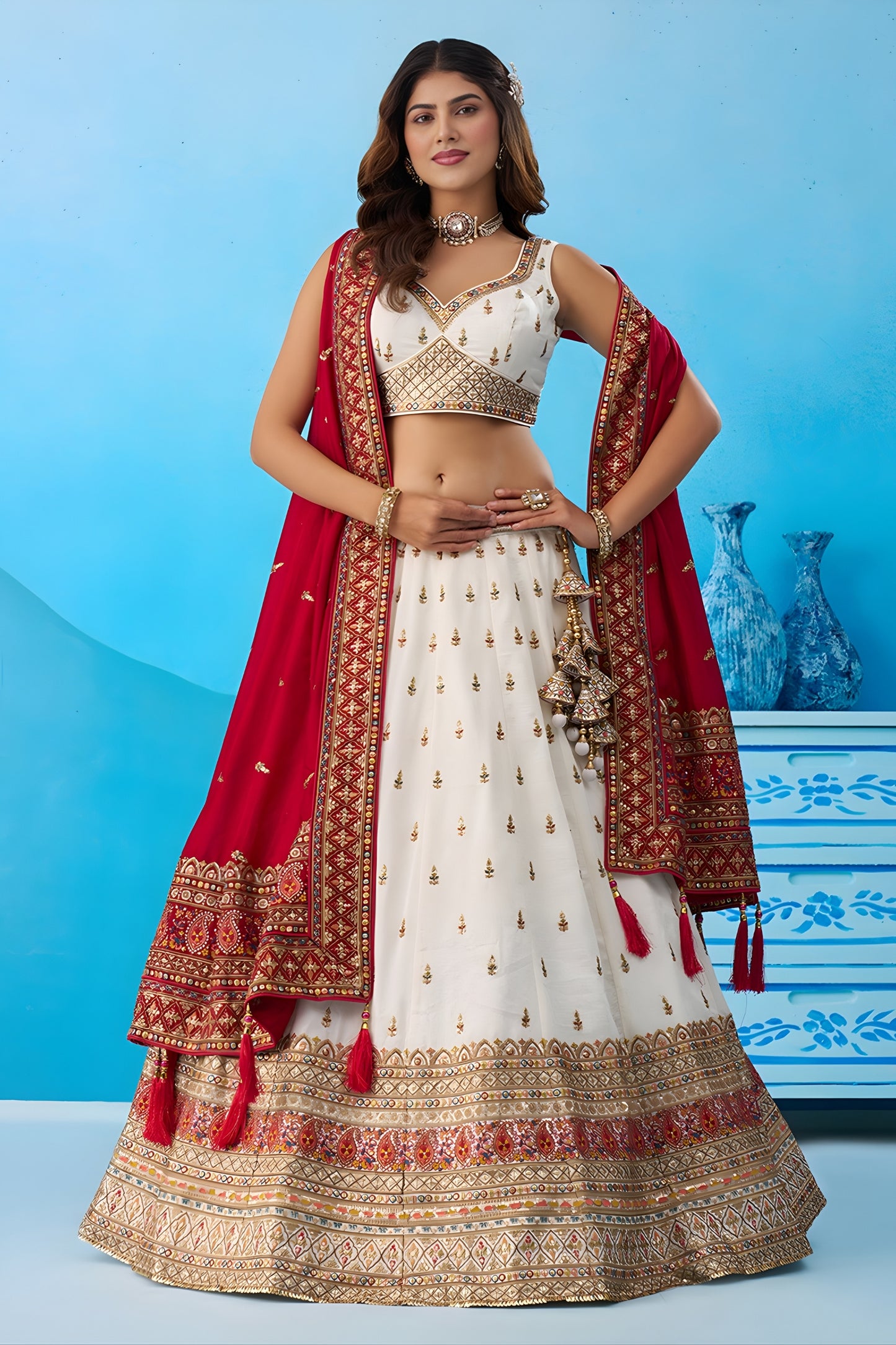 Stylish White Chinon Embroidered Wedding Lehenga Choli with Red Dupatta
