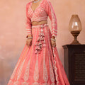 Fancy Peach Tissue Embroidered Wedding Lehenga Choli with Dupatta