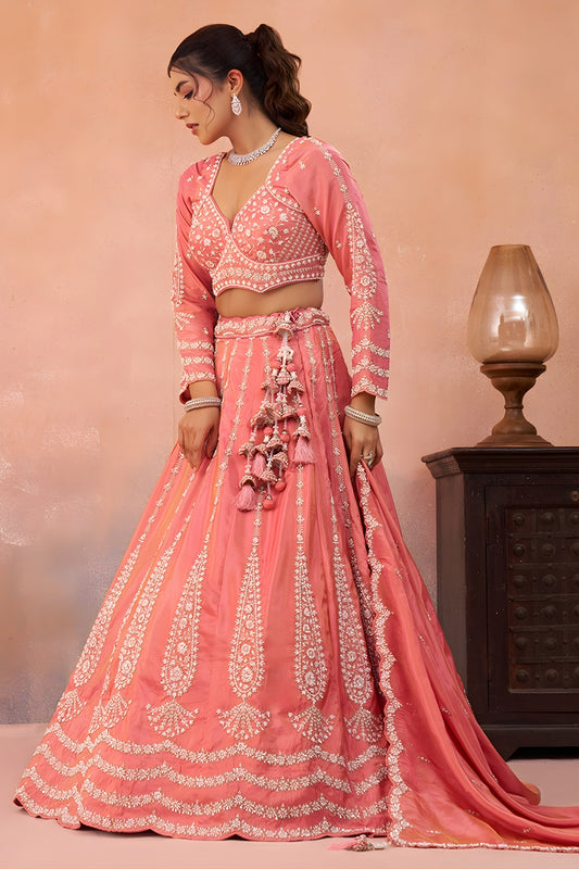 Fancy Peach Tissue Embroidered Wedding Lehenga Choli with Dupatta