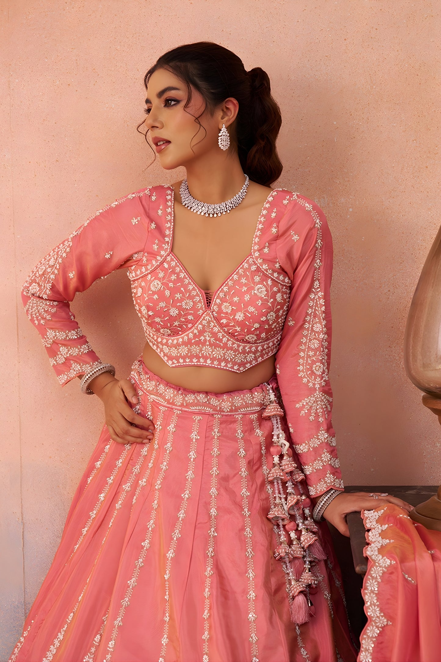 Fancy Peach Tissue Embroidered Wedding Lehenga Choli with Dupatta