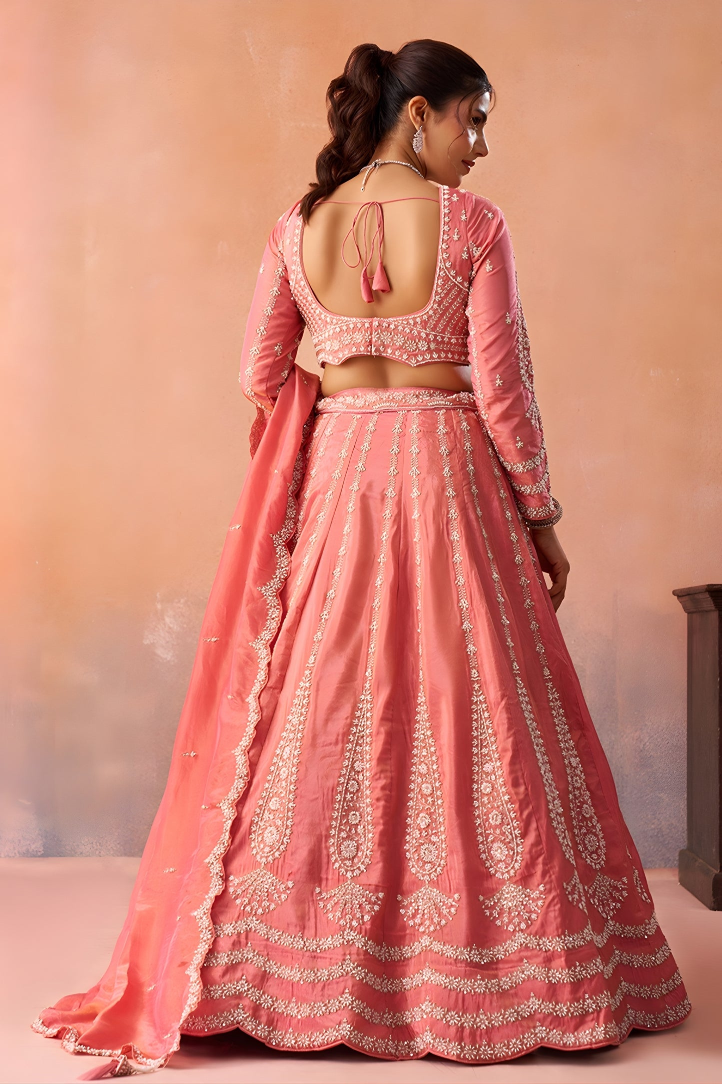 Fancy Peach Tissue Embroidered Wedding Lehenga Choli with Dupatta