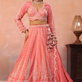 Fancy Peach Tissue Embroidered Wedding Lehenga Choli with Dupatta