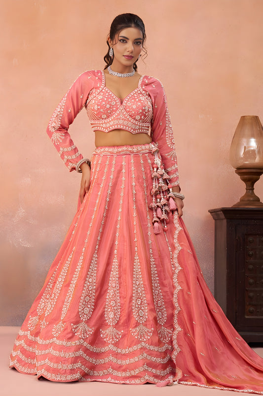 Fancy Peach Tissue Embroidered Wedding Lehenga Choli with Dupatta