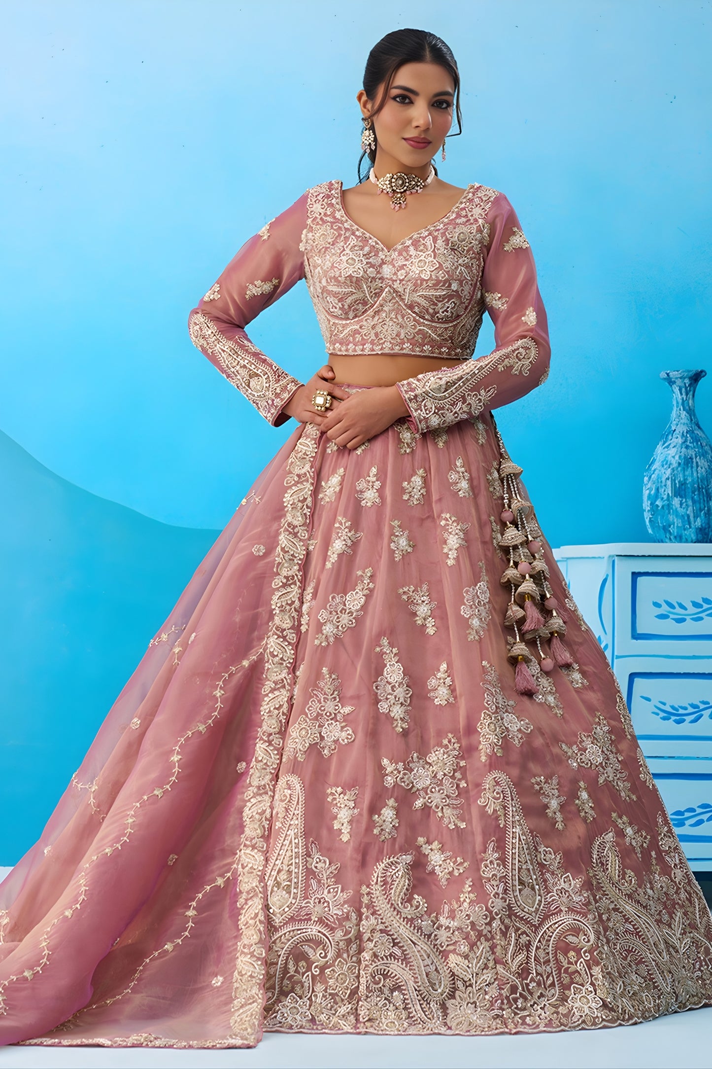 Lovable Dusty Pink Tissue Embroidered Lehenga Choli with Dupatta