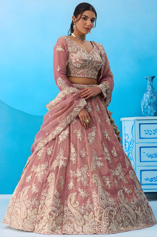 Lovable Dusty Pink Tissue Embroidered Lehenga Choli with Dupatta