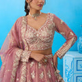 Lovable Dusty Pink Tissue Embroidered Lehenga Choli with Dupatta