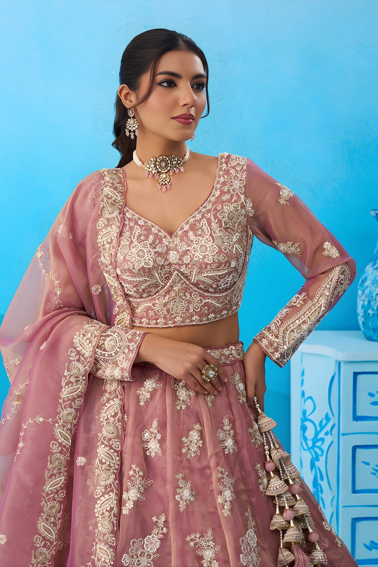 Lovable Dusty Pink Tissue Embroidered Lehenga Choli with Dupatta