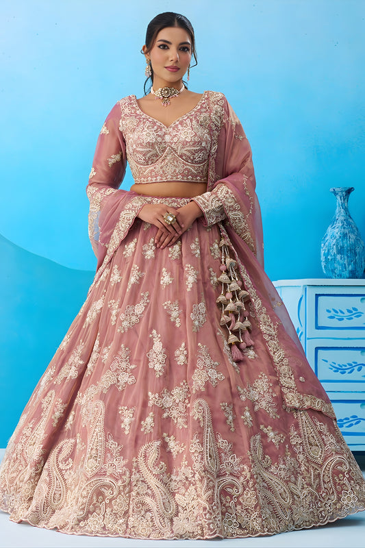 Lovable Dusty Pink Tissue Embroidered Lehenga Choli with Dupatta
