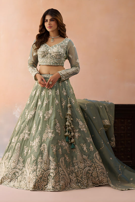 Premium Green Tissue Embroidered Wedding Lehenga Choli with Dupatta