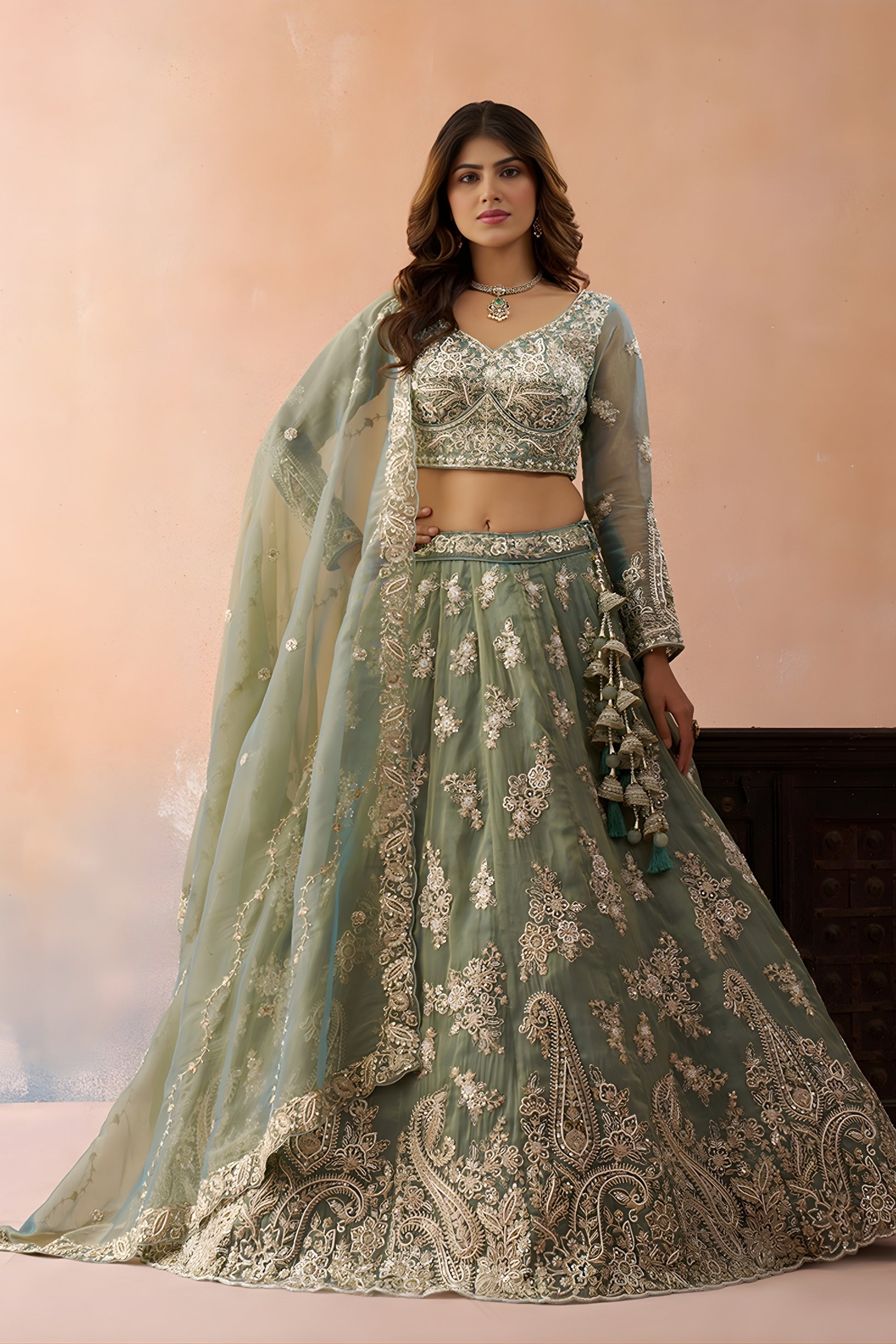 Premium Green Tissue Embroidered Wedding Lehenga Choli with Dupatta