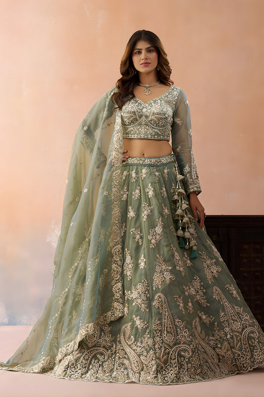 Premium Green Tissue Embroidered Wedding Lehenga Choli with Dupatta