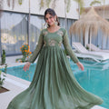 Beautiful Olive Green Silver Crunchy Embroidered Party Wear Gown for Women