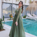 Beautiful Olive Green Silver Crunchy Embroidered Party Wear Gown for Women