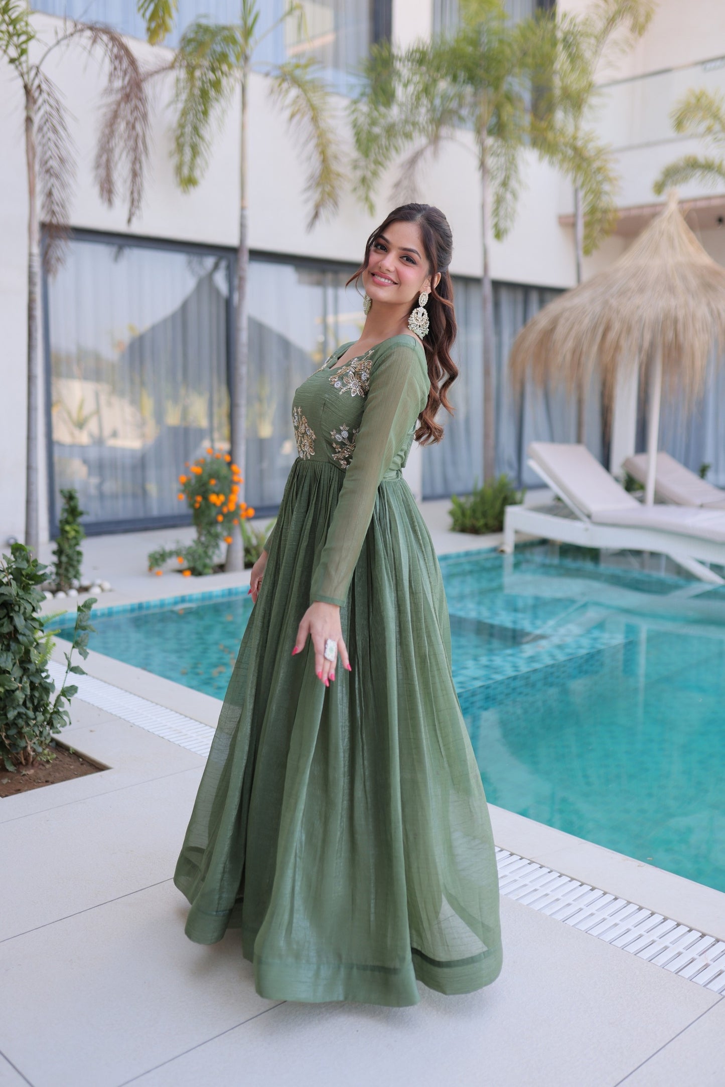 Beautiful Olive Green Silver Crunchy Embroidered Party Wear Gown for Women