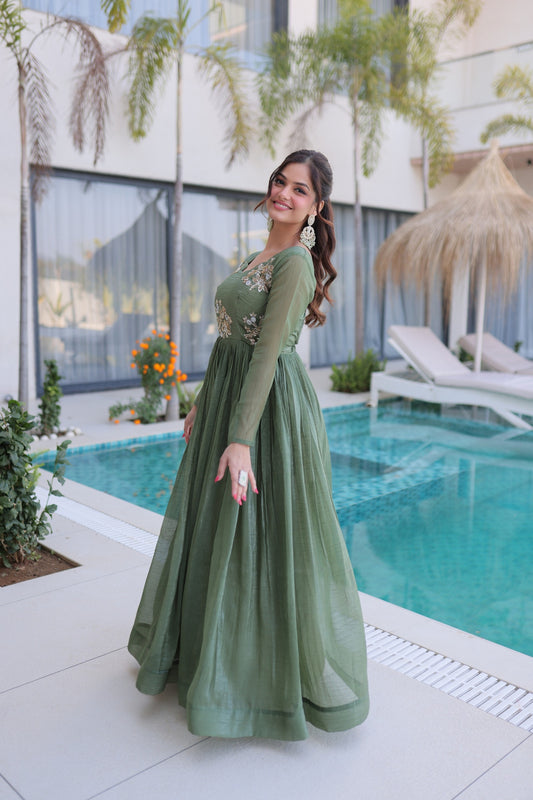 Beautiful Olive Green Silver Crunchy Embroidered Party Wear Gown for Women