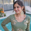 Beautiful Olive Green Silver Crunchy Embroidered Party Wear Gown for Women
