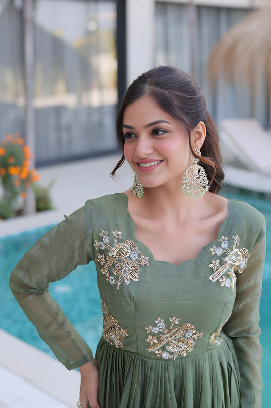 Beautiful Olive Green Silver Crunchy Embroidered Party Wear Gown for Women