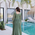 Beautiful Olive Green Silver Crunchy Embroidered Party Wear Gown for Women