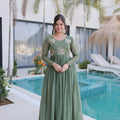  Beautiful Olive Green Silver Crunchy  Embroidered Party Wear Gown for Women