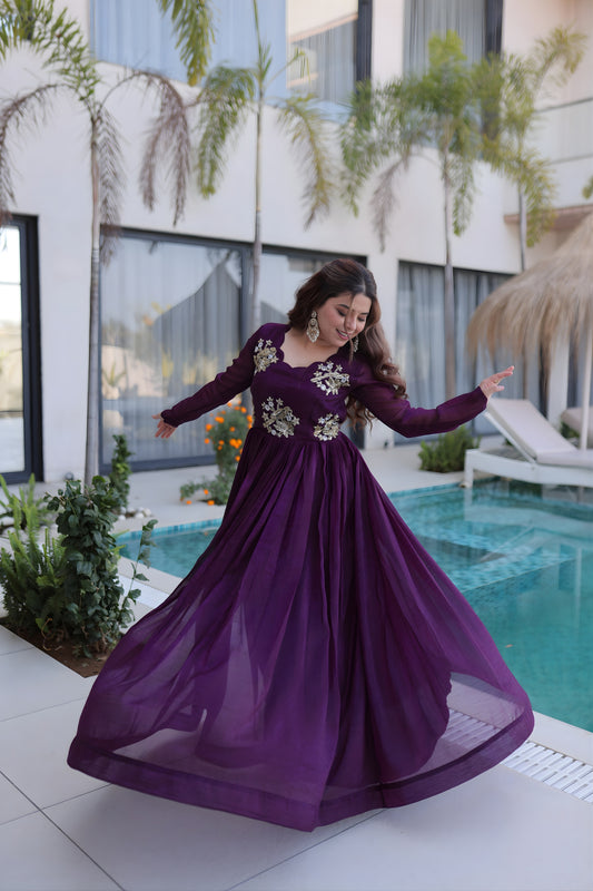 Stylish Wine Silver Crunchy Embroidered Party Wear Gown for Women