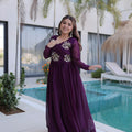 Stylish Wine Silver Crunchy Embroidered Party Wear Gown for Women