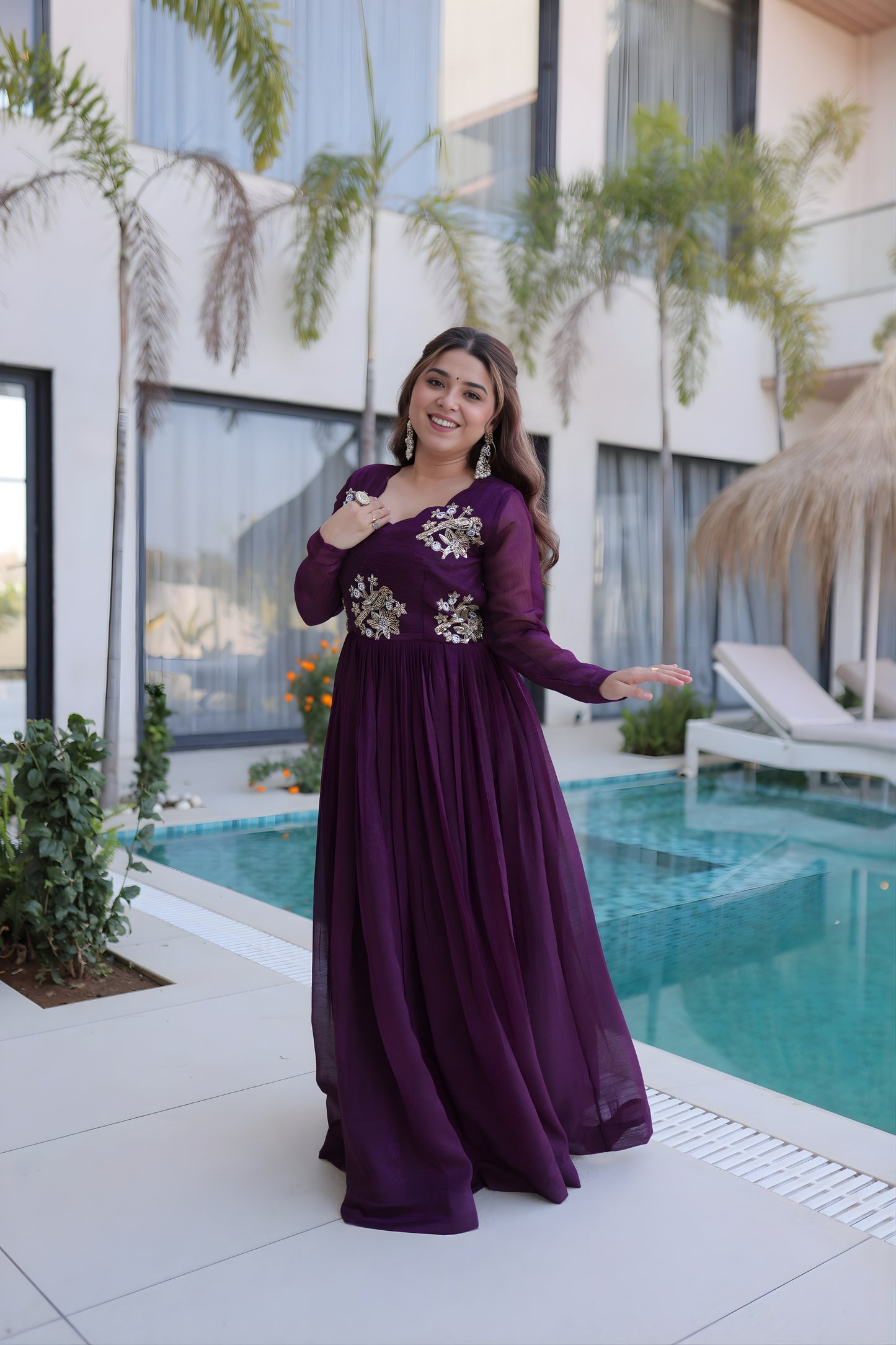 Stylish Wine Silver Crunchy Embroidered Party Wear Gown for Women